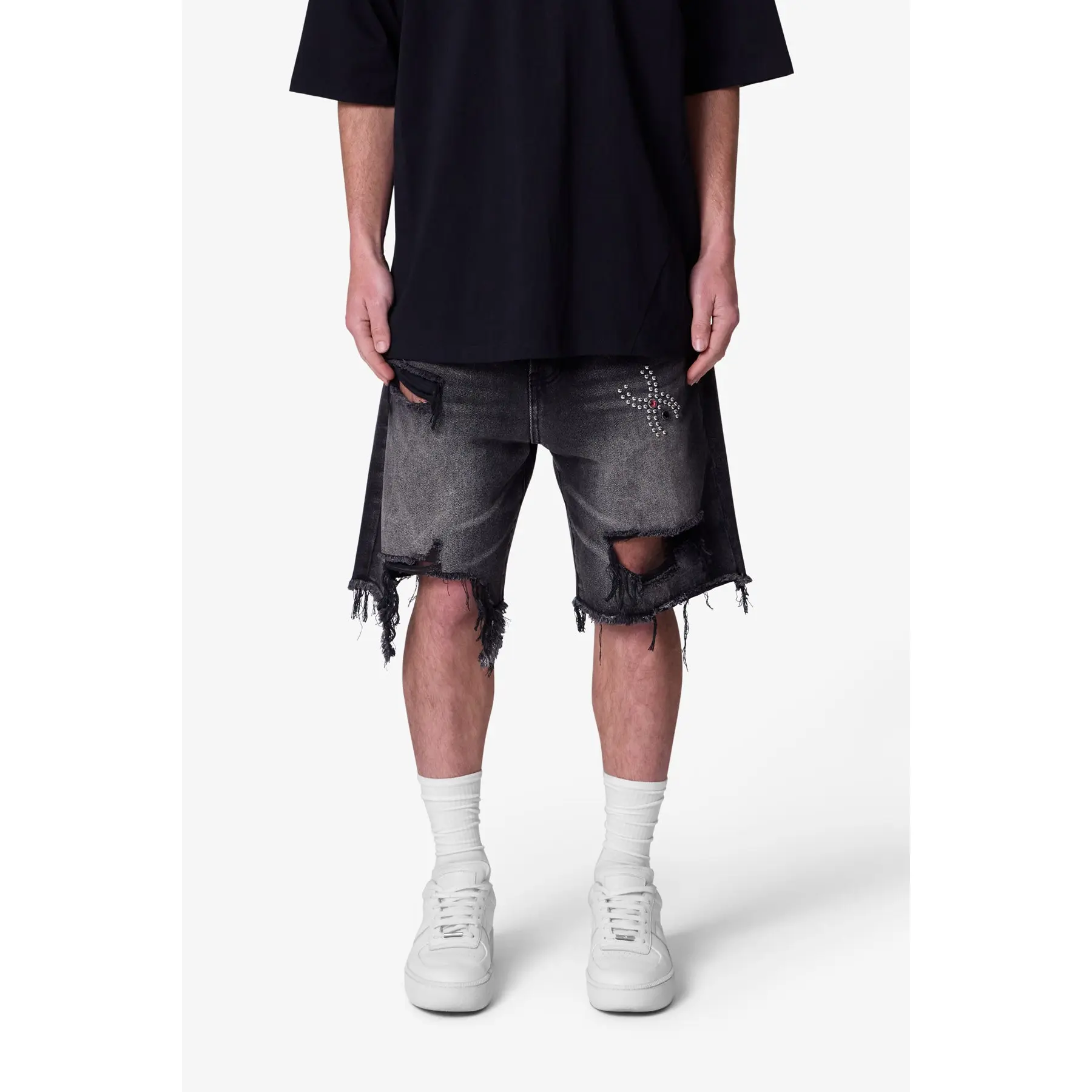 mnml Distressed Spider Denim Shorts - Washed Black