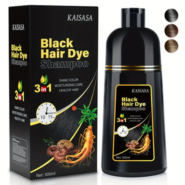KAISASA Black 3-in-1 Hair Dye Shampoo - Semi-Permanent Colored Hair Restorer, Gray Coverage, Herbal Ginseng Extract, Liquid Haircare Cleanser
