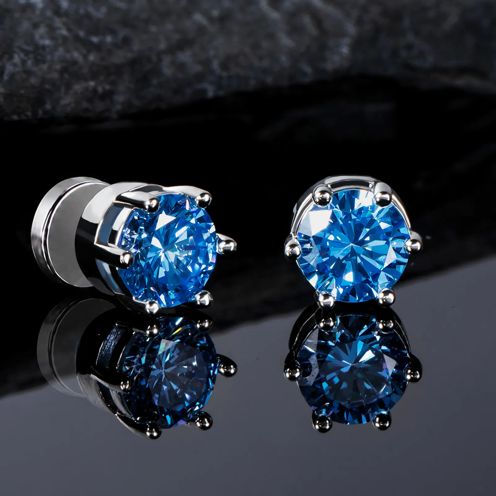 Ocean Blue Magnetic Stud Earrings for Men Women, No Piercing Needed, 5A+ Cubic Zirconia Round Sapphire Color Clip On Studs, Silver Tone Magnetic Earrings Gift