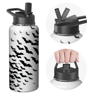 Stainless Steel Water Bottle with Flip Lid - White with Black Bat Print - Halloween Theme - Outdoor Sports and Daily Use