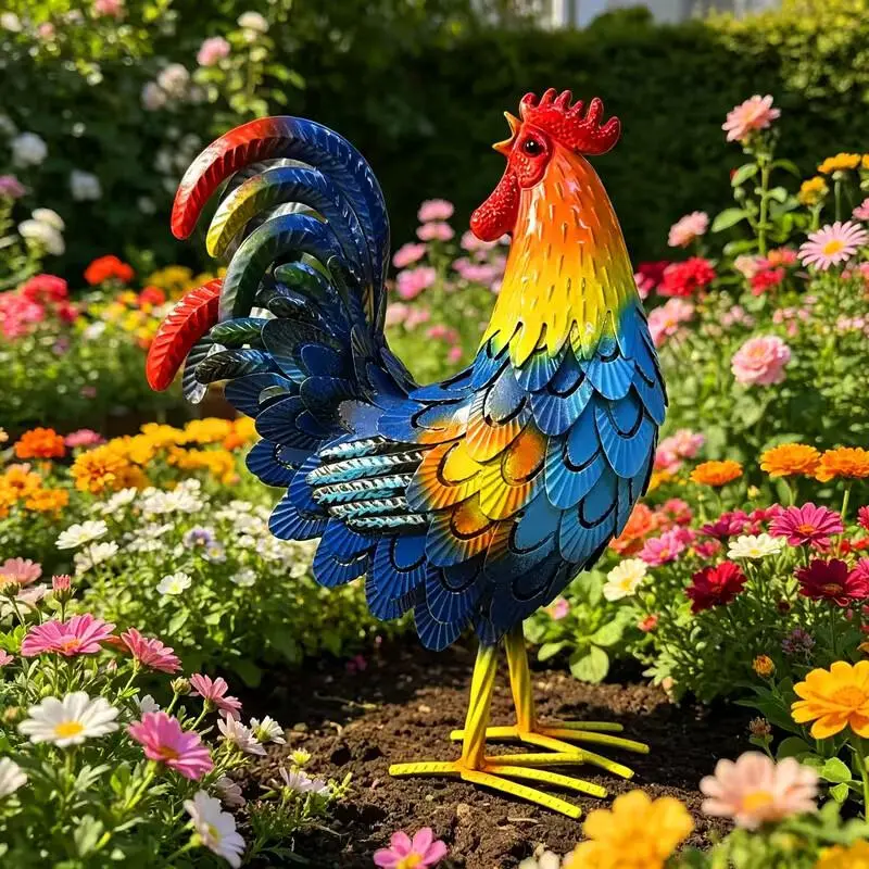 Colorful Rooster Metal Garden Statue, Outdoor Decorative Sculpture for Yard, Patio Colorful Rooster Metal Garden Statue, Outdoor Decorative Sculpture for Yard, Patio