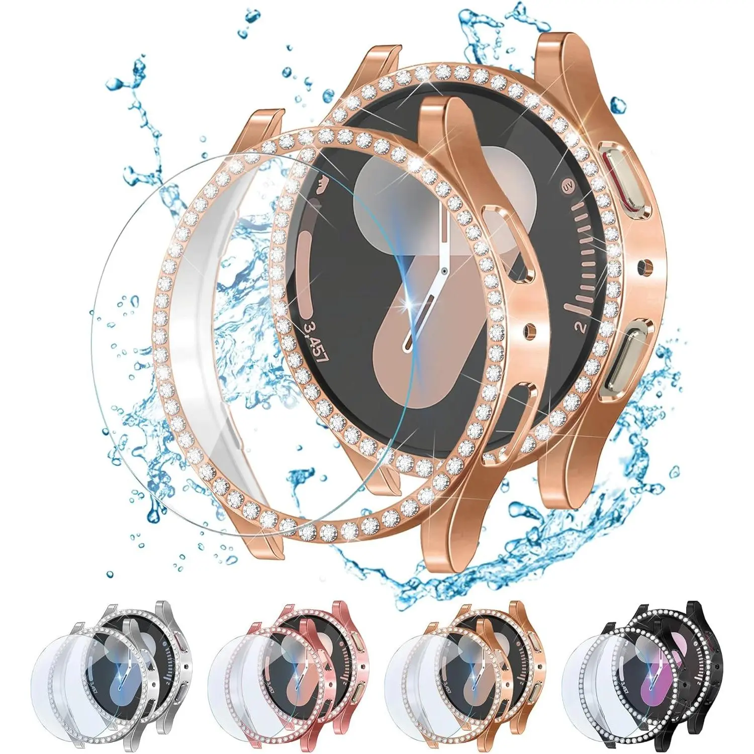 4-Pack Bling Diamond Row Bumper Cases for Galaxy Watch 7 40mm, Women's Hard PC Cover with HD Tempered Glass Screen Protector, Scratch Protection