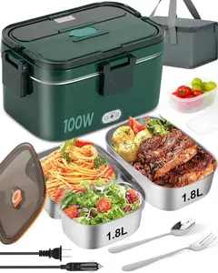Electric Lunch Box  Heater 100W,  Warmer with Dual Container 1.8L Portable Heated Lunch Box for   Work Stainless Steel Fork & Spoon 12/24/110V Adult Lonchera Electrica (green)