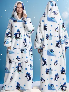 Women'S Thickened Nightgown, Blanket For Autumn And Winter, Warm Clothing, Hooded Loungewear, Plus-Size And Widened, Suitable For Adults And Couples, Men And Women, Warm Fleece Sweater, Fleece Pajamas, TV Blanket, Outdoor Warm Clothing, Penguin Home Wear