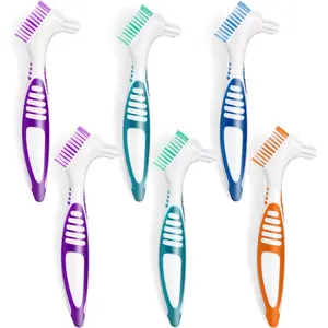 6 Pcs Denture Brush Set for False Teeth, ided Design, Denture CleaninDenture Toothbrushes with Double Sg Brush with Multi-Layered Soft Bristles and Rubber Anti-Slip Handle