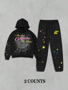 Men's Hooded Sweatshirt Set with Long Pants, Spider Web Pattern, Letter Print, Colorful Stars, Street Punk Style, Fall & Winter Fashion