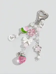 Mother's Day Gift Cute Flower & Strawberry & Bowknot Design Keychain, Fashionable Alloy Keychain for Women & Girls, Trendy All-match & Exquisite Keychain for Birthday Gift