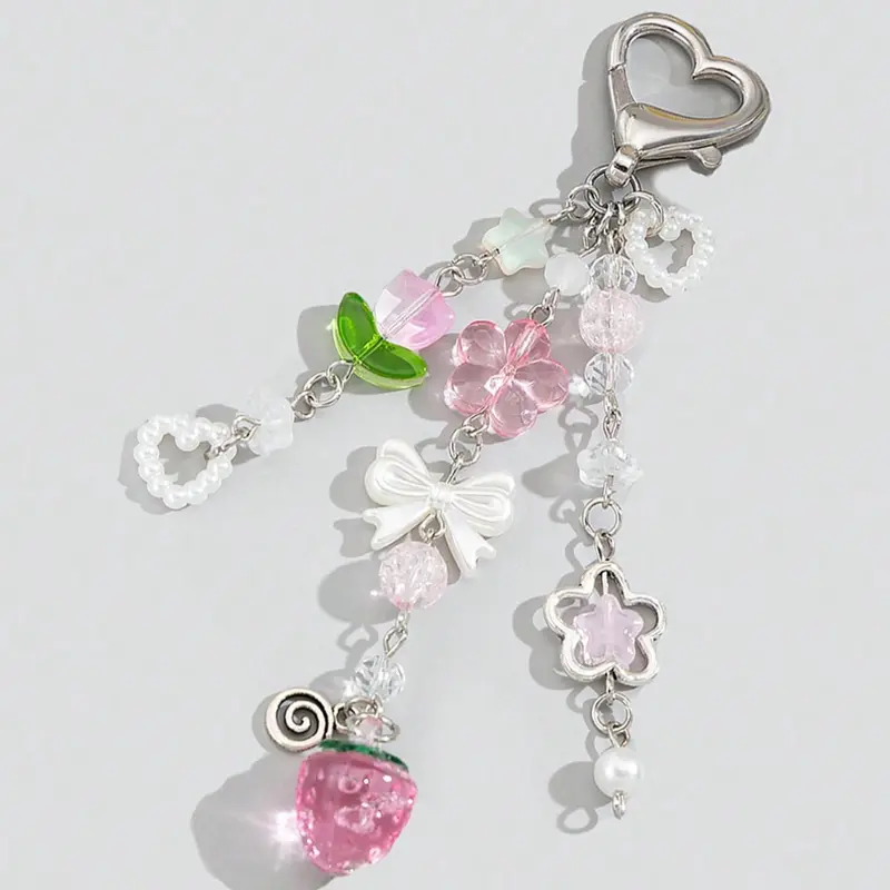 Mother's Day Gift Cute Flower & Strawberry & Bowknot Design Keychain, Fashionable Alloy for Women & Girls, Trendy All-match & Exquisite Cute Keychains for Birthday Gift