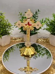 Gold-Tone Ornate Crucifix with Red Stone Accents - Religious Home Decor