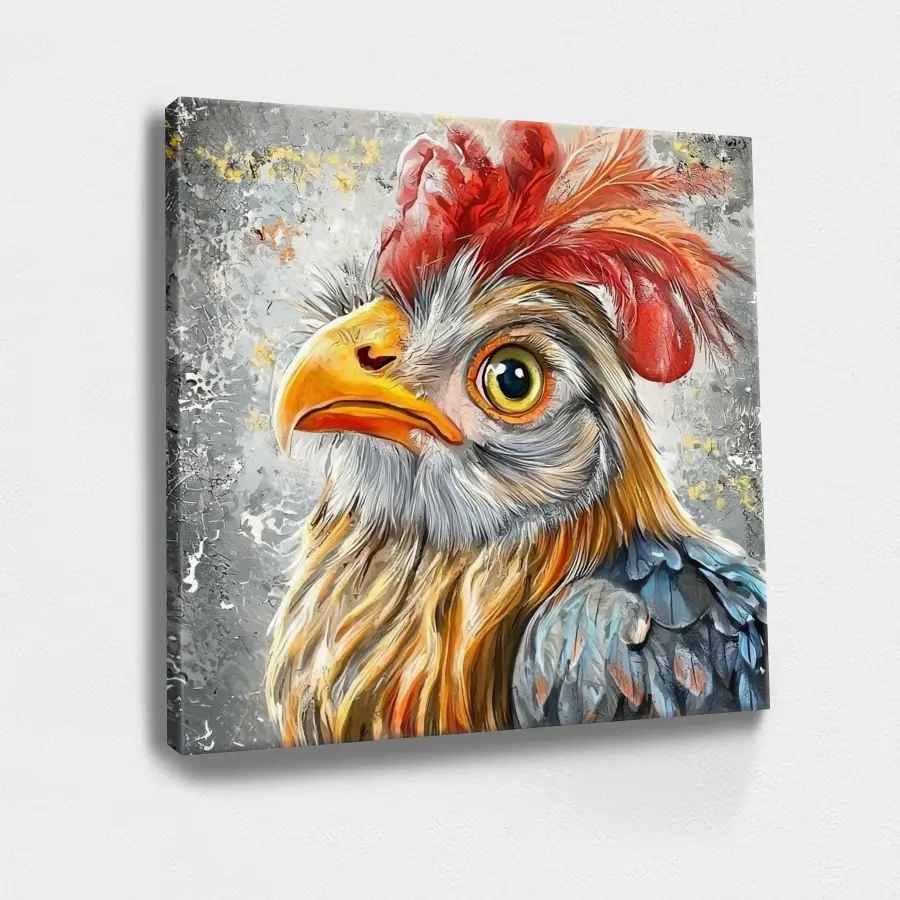 Blue Rooster Wall Art Print - Botanical, Lifelike Feathers, Expressive Face, Realistic Painting, Wood Framed Canvas Decoration, Room Wall Decor Poster, Artist Gift, 1pc Artwork