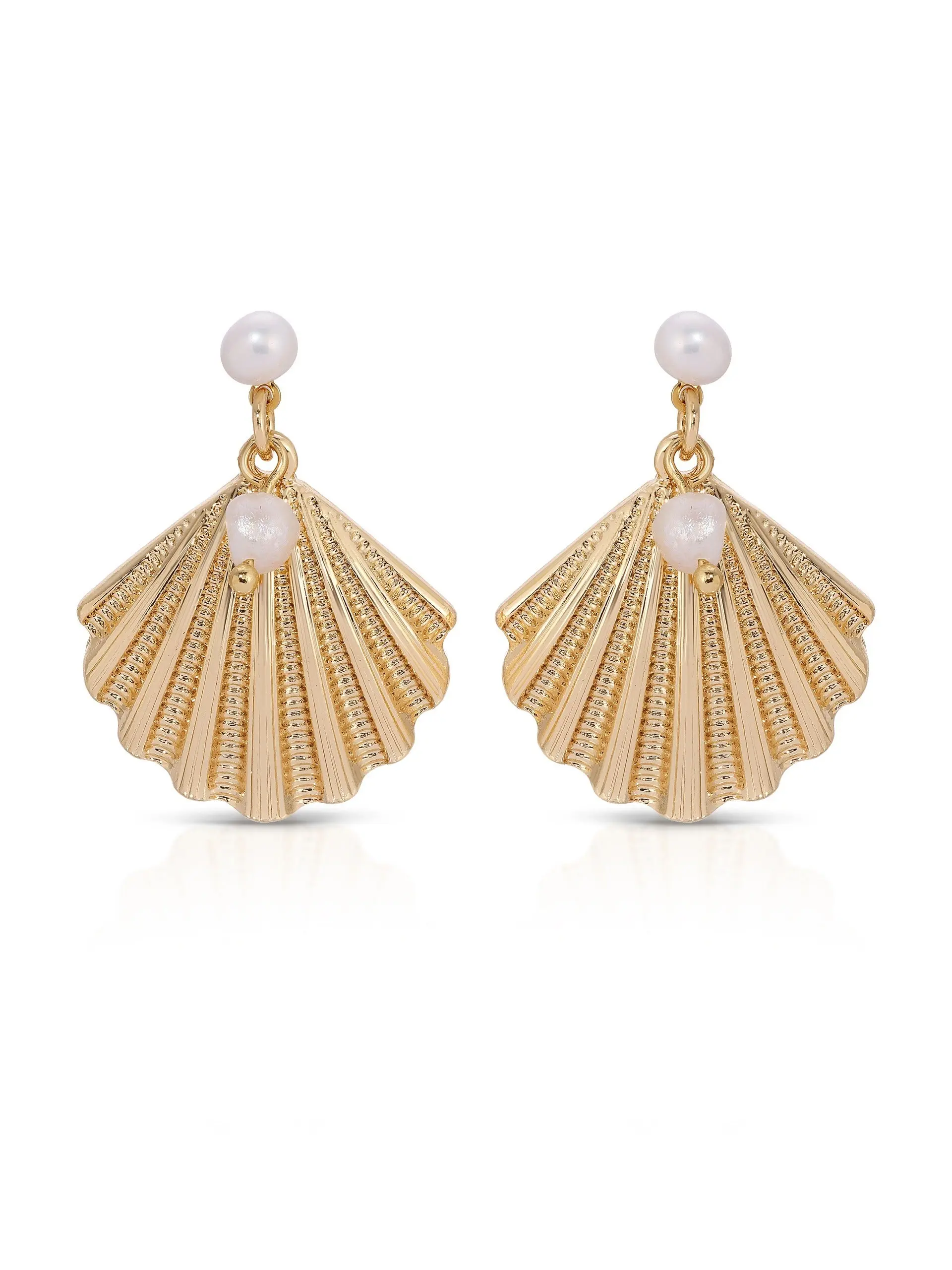 Scallop Shell & Pearl Earrings – 18K Gold Plated with Freshwater Pearls, Coastal Statement Stud Earrings