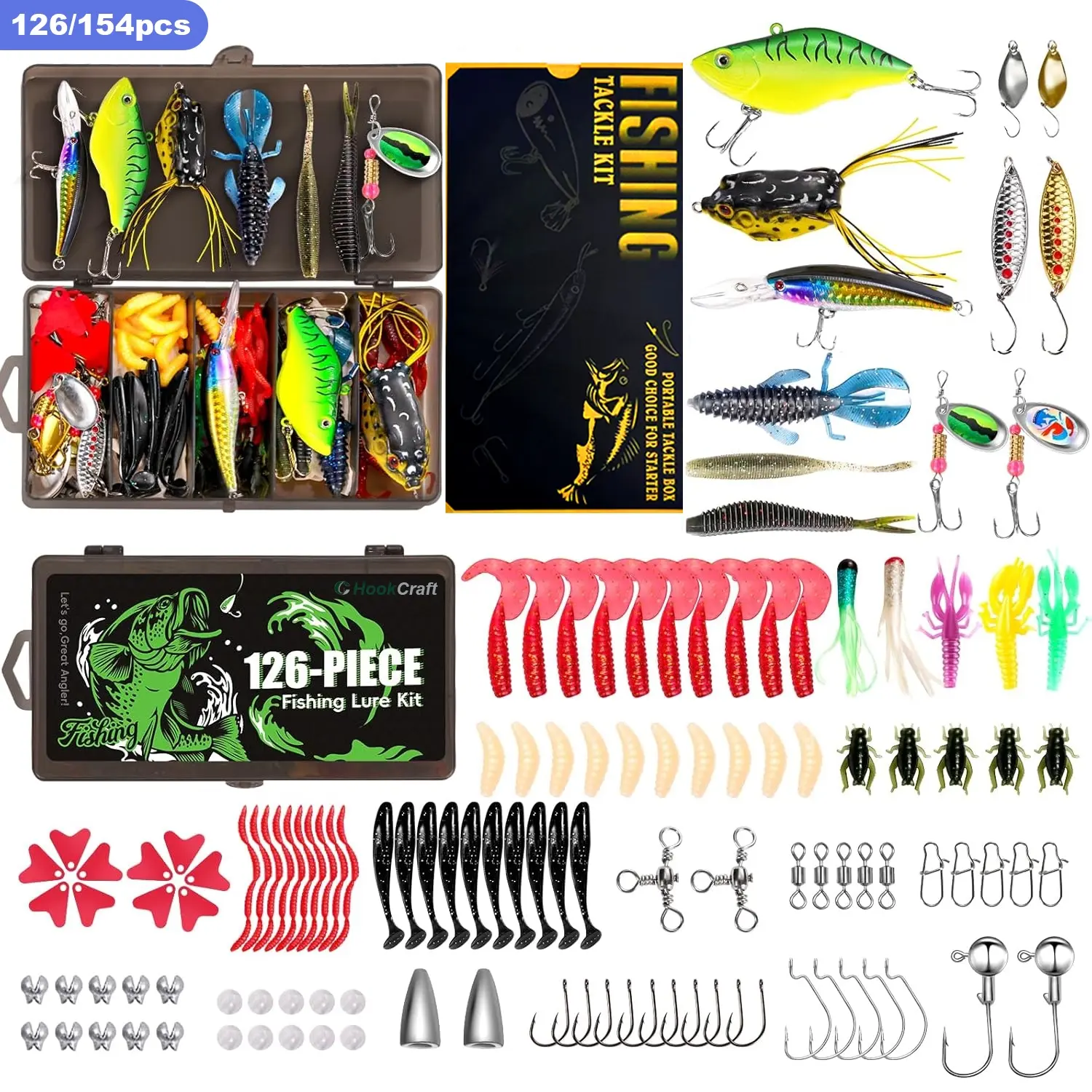 126/154Piece Pro Fishing Lures Kit with Tackle Box – Carefully Selected Freshwater & Saltwater Tackle Set with VIBs, Frogs, Minnows, Soft Baits, Hooks & Weights for Bass, Walleye & Trout, Fishing Accessories, Fishing Gear Set, Fishing Equipment