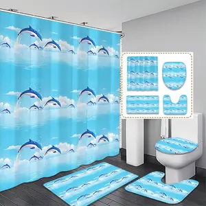 Dolphin Print Bathroom Curtain Set, Shower Curtain Set, Includes Bath Mat, Toilet Lid Cover, U-Shaped Tray, Perfect Gift for Friends & Family