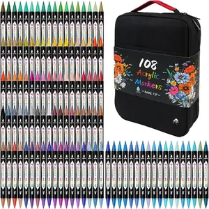 108 Colors Dual Tip   Markers, Double Zipper Design Topgrade Canvas Bag, , , Odorless, Suitable for Paper, Pottery, Stones, Glass, Outdoor Painting