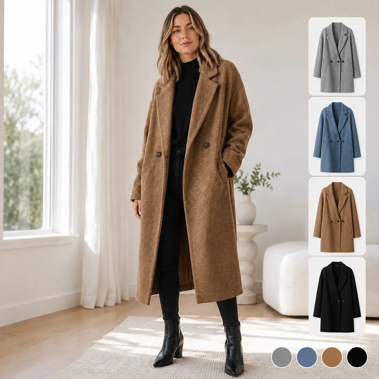 Women's Thick Long Sleeve Basic Straight Oversized Lapel Wool Blend Coat - Double Breasted Loose Mid-Long Outdoor Trench Overcoat, Elegant Casual Warm Outerwear (4 Colors)