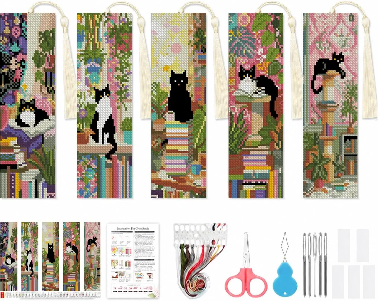 5 Pcs Cat Book Stamped Cross Stitch Bookmark Kits for Adult Beginner | 14 CT Boho Cottagecore Cross-Stitch Kits,DIY Arts and Crafts for Adults,Embroidery Bookmarks Kit for Adult Beginner 8''x2.4''