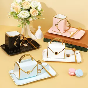 Creative Handbag Shaped Coffee Cup & Saucer & Spoon Set, 1 Set Exquisite Elegant Coffee Cup Set, Stylish Drinkware for Home Kitchen Party Office