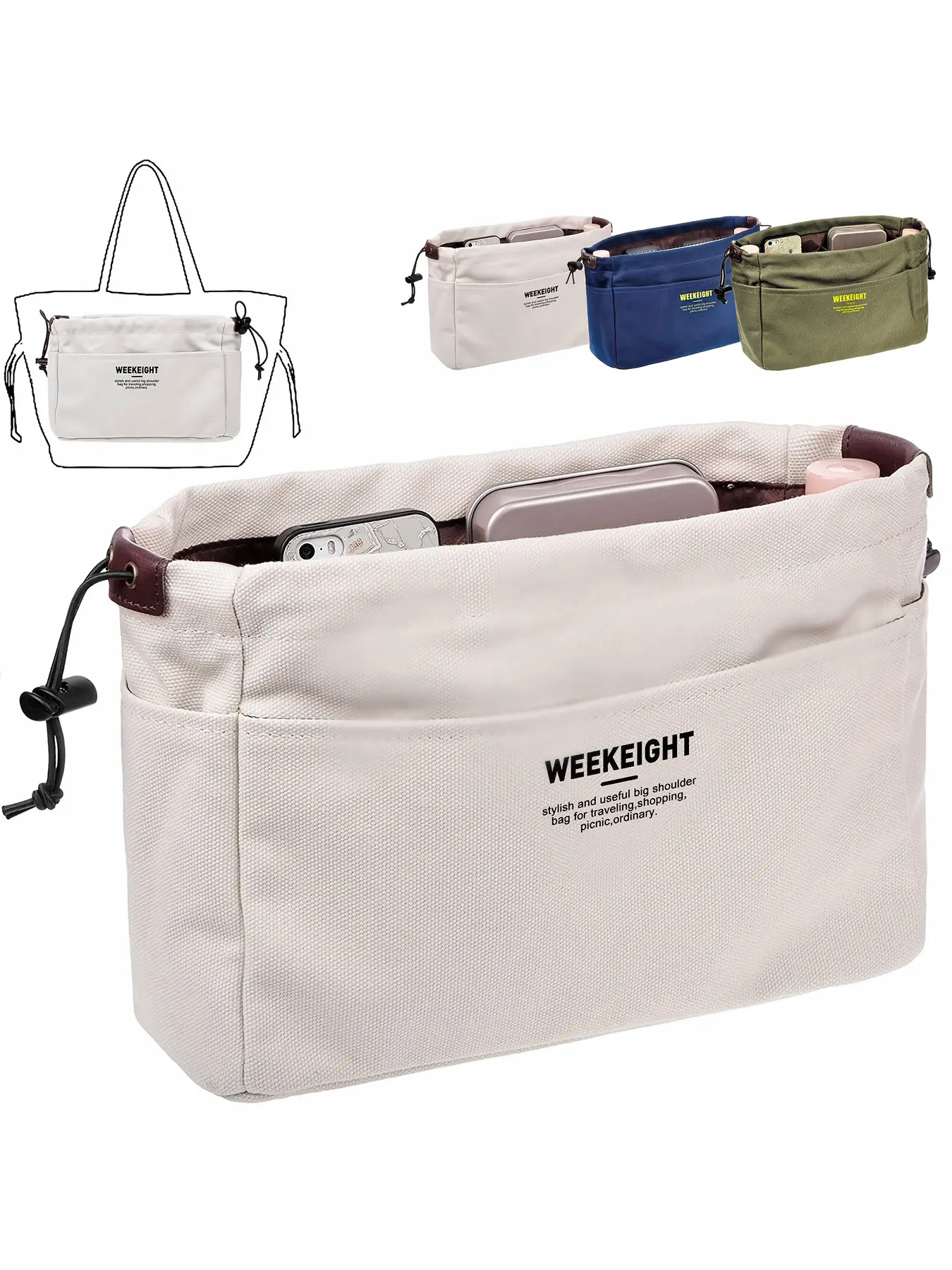 Lightweight Canvas Drawstring Organizer Bag, Large Capacity Travel Storage Bag for Cosmetics, Electronics & Accessories, Casual Style Storage Bag, Travel Organization Pouch, Travel Organizer Bags, Travel Pouches, Travel Essentials Carryall