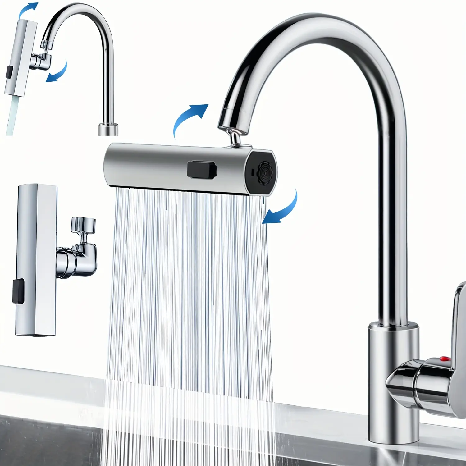 304 Stainless Steel Titanium Finish 3-in-1 Tap Modern Kitchen Faucet - 3-Speed Flow, 360-Degree Swivel Spout, Faucet Sprayer Attachment, Compact Elegant, Easy Countertop Installation, No Power Needed, Accessories Included, Touch Control, Compact And Elega