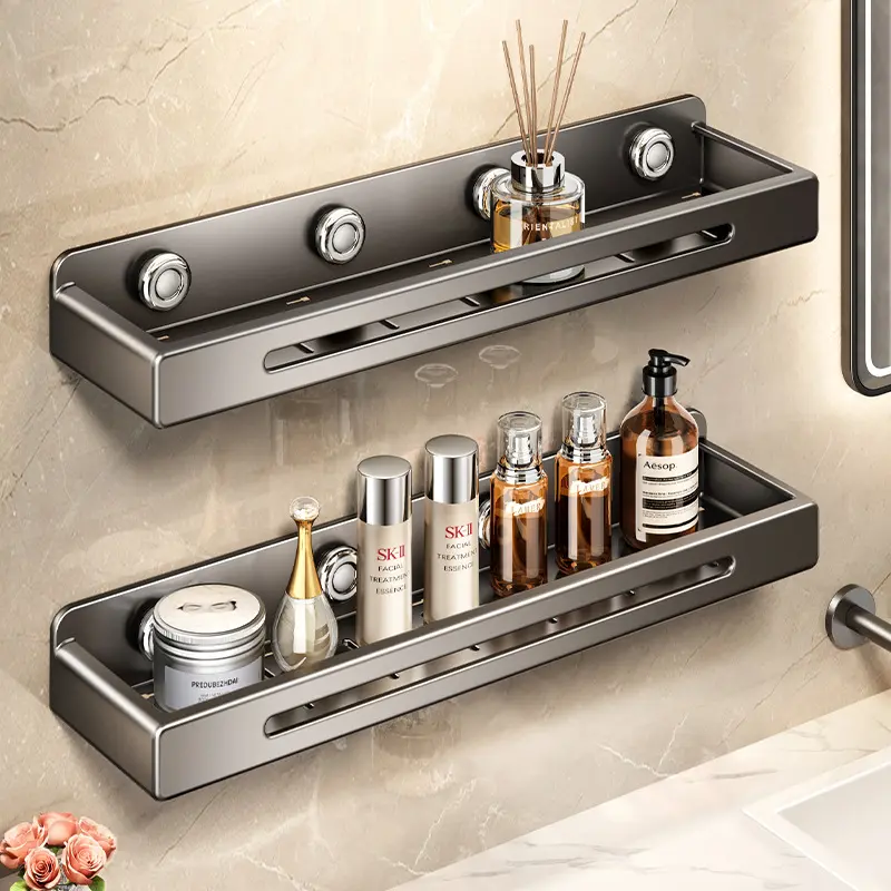 Gunmetal Gray 50cm Invisible Steel Storage Shelf, No-Drill Suction Cup Wall-Mount Bathroom Organizer, Vertical Storage Solutions for Washstand Toiletries, Modern Design
