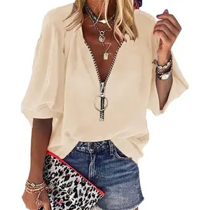 Imily Bela Womens V-Neck Lantern Sleeve Blouse Zipper Design Loose Casual Top Shirts