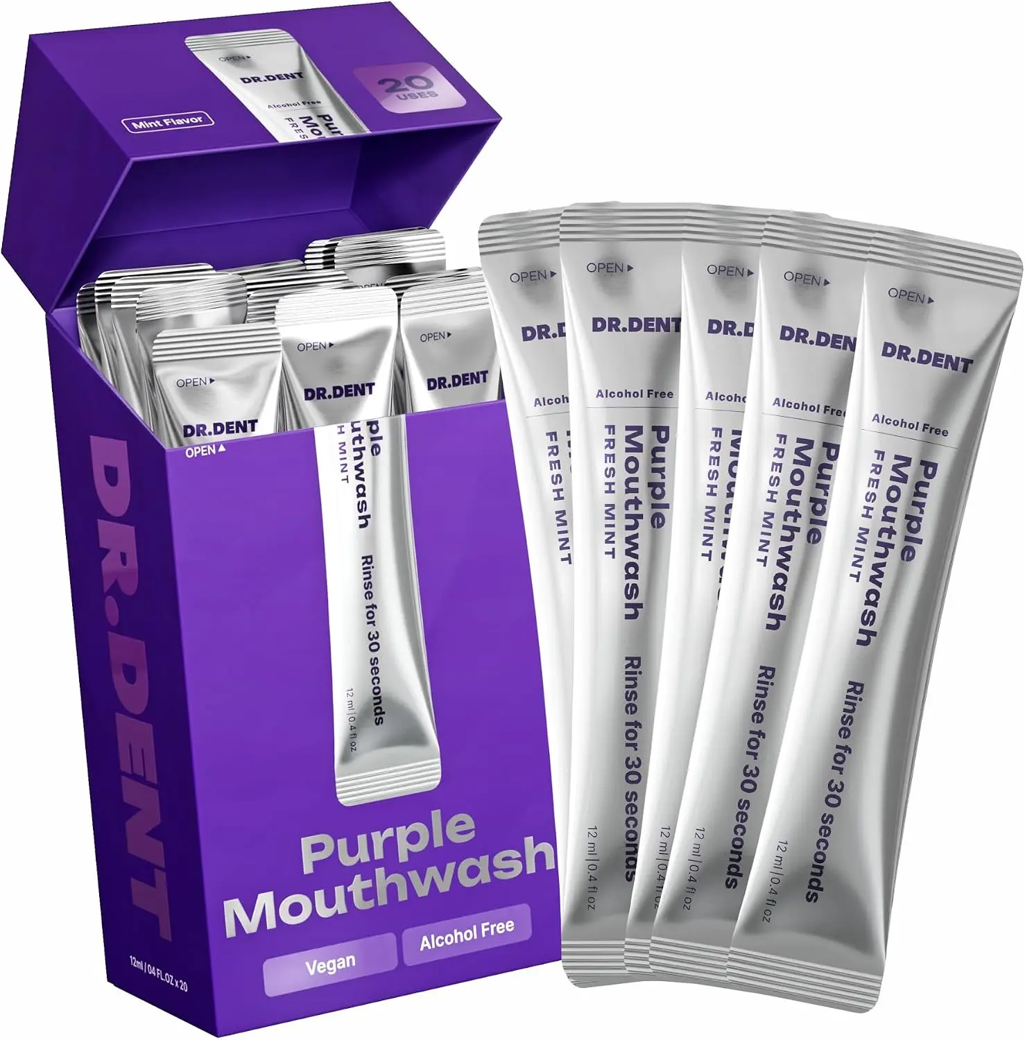 hot sale ! DR.DENT Purple Mouthwash for Teeth Whitening - Color Correcting Mouthwash Sachets - Peroxide Free, Alcohol Free - Freshens Breath, Supports Gum Health - Vegan, Mint Flavor (20 pc)