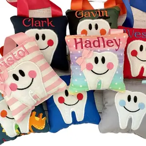 Personalized Tooth Fairy Pillow 4"x4" with Smiley Tooth Design for Kids - Customizable with Child's Name - Includes Back Pocket for Tooth and Money - Easy to Hang on Doorknob