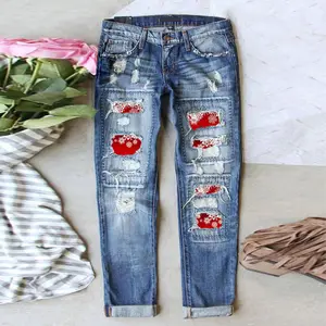 Christmas Collection Distressed Printed Women's Jeans with Festive Patterns barrel jeans Stylish Ripped Details for Autumn and Winter Outfits Pants Bottom Streetwear