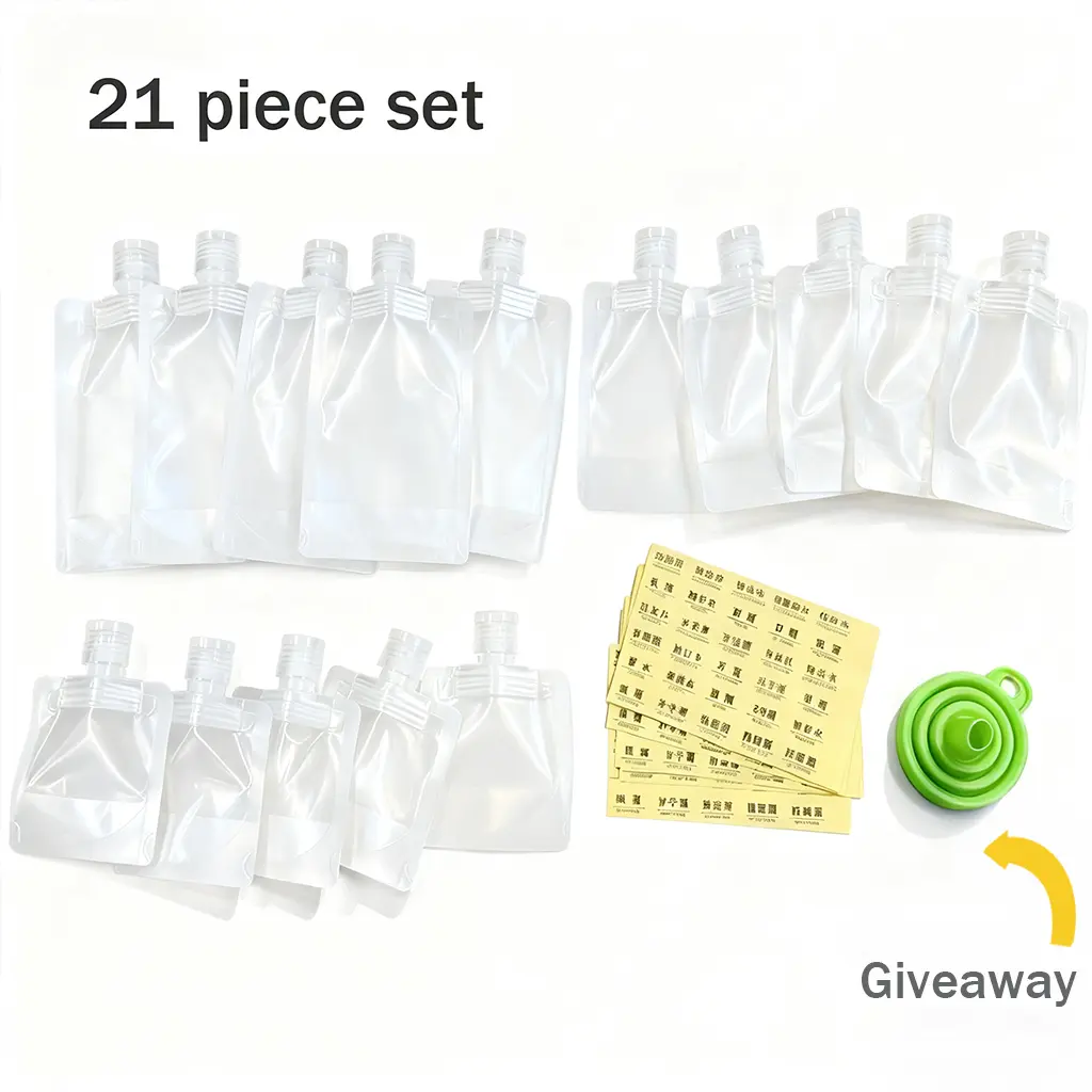 21-piece set of transparent travel portable refill bags,lotion shower gel, shampoo sample, portable small facialcleanser refill bag durable makeup