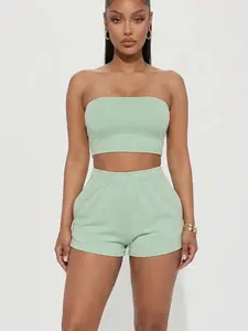 Simple Solid Color Tube Top and Shorts Two Piece Set