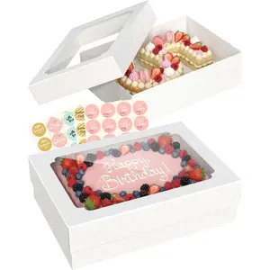 4 count 14x10x4 inch Quarter Sheet Cake Boxes, White Large Rectangle Bakery Boxes with Window for Pastry, Donuts, Cupcakes, Pie, Cookies,  Packaging, Cajas para Pasteles with 80 Stickers