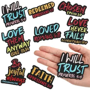 Christian Bible Verse Iron on Patches 8/9 Pcs Motivational Religious Embroidered Applique 3 Inch Sew on Patches for Backpack Hat Jacket Clothes DIY Accessories Geometric Letter Design Great for Fall Gifts