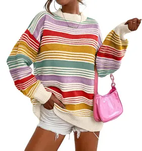 UTCOCO Women's Rainbow Contrast Striped Pullover Sweater 2026 Oversized Knit Jumper Tops for Fall Winter Casual Wear