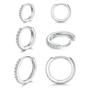 S925 Sterling Silver Small Hoop Earrings Cubic Zirconia Hoop Earrings, 3 Pairs 14K White Gold Plated Cartilage Piercing Earrings Ear Cuff Tiny Hoop clip-on Earrings for Women Men
