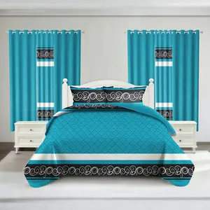 9 Piece Bedding Set with Curtains for Farmhouse Bedroom and Dorm Decor Blue Black White Print Microfiber Bamboo Blend Pillowcases Window Panels Breathable Queen King Full Size for Christmas Fall