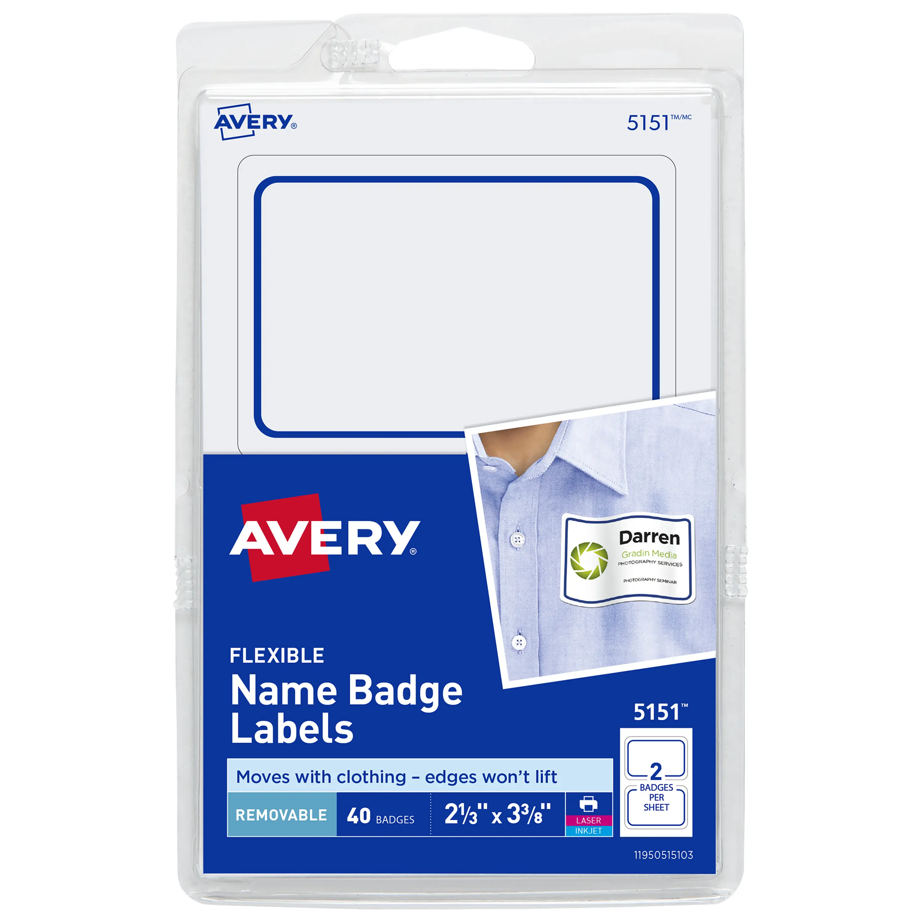 Avery Flexible Printable Custom Name Tags & ID Tags, 2-1/3"x3-3/8", White with Blue Border, Adhesive Removable, 40 Badges for Events & Office Parties (05151), Custom Name Tag, No Curling Or Lifting