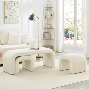 3-Piece Modern Ottoman Bench Set, 44" Wide Teddy Upholstered End of Bed Bench with 2 Foot Stools, Padded U-Shaped Entry Bench Vanity Stool for Living Room Bedroom
