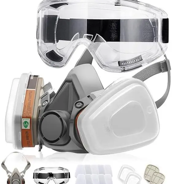 16-in-1 Industrial Reusable Silicone Rubber Dust-Proof Protective Mask Set - Professional Adjustable Dual Respirator Face Mask with Cartridge, Goggles, Tight Comfortable Nitrile Dipped Gloves for Construction Gear, Chemical Workplace Safety