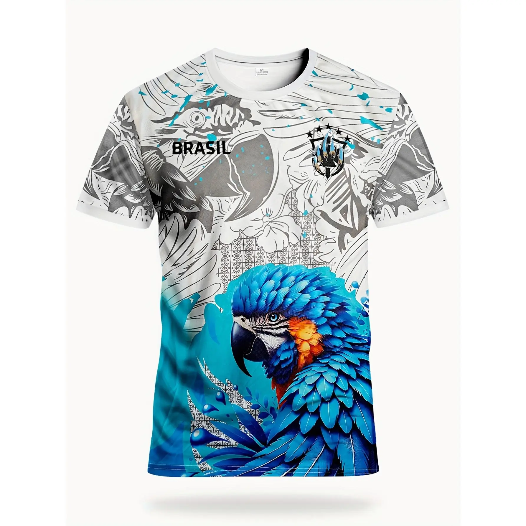 Fitted Men's Brazil Parrot Print Casual Sports Jersey - Rio De Janeiro Style Crew Neck, Lightweight Sporty Chic Fashion Jersey for Football Matches, Adult Football Fashion Sportswear, Fashion Jerseys, All Over Print