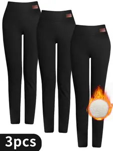 Women's Oversized Basic Minimalist Thermal Leggings 3-Pack Stretchy Elastic Fabric High Waist Tummy Control Thick Breathable Fleece with Brushed Lining for Outdoor Winter Running Workout & Casual Wear