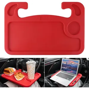 Steering Wheel Desk, Red (ABS, Rectangular), Multipurpose Travel Tray for Eating, Laptop, Tablet, iPad, Cup Holder, Compatible with