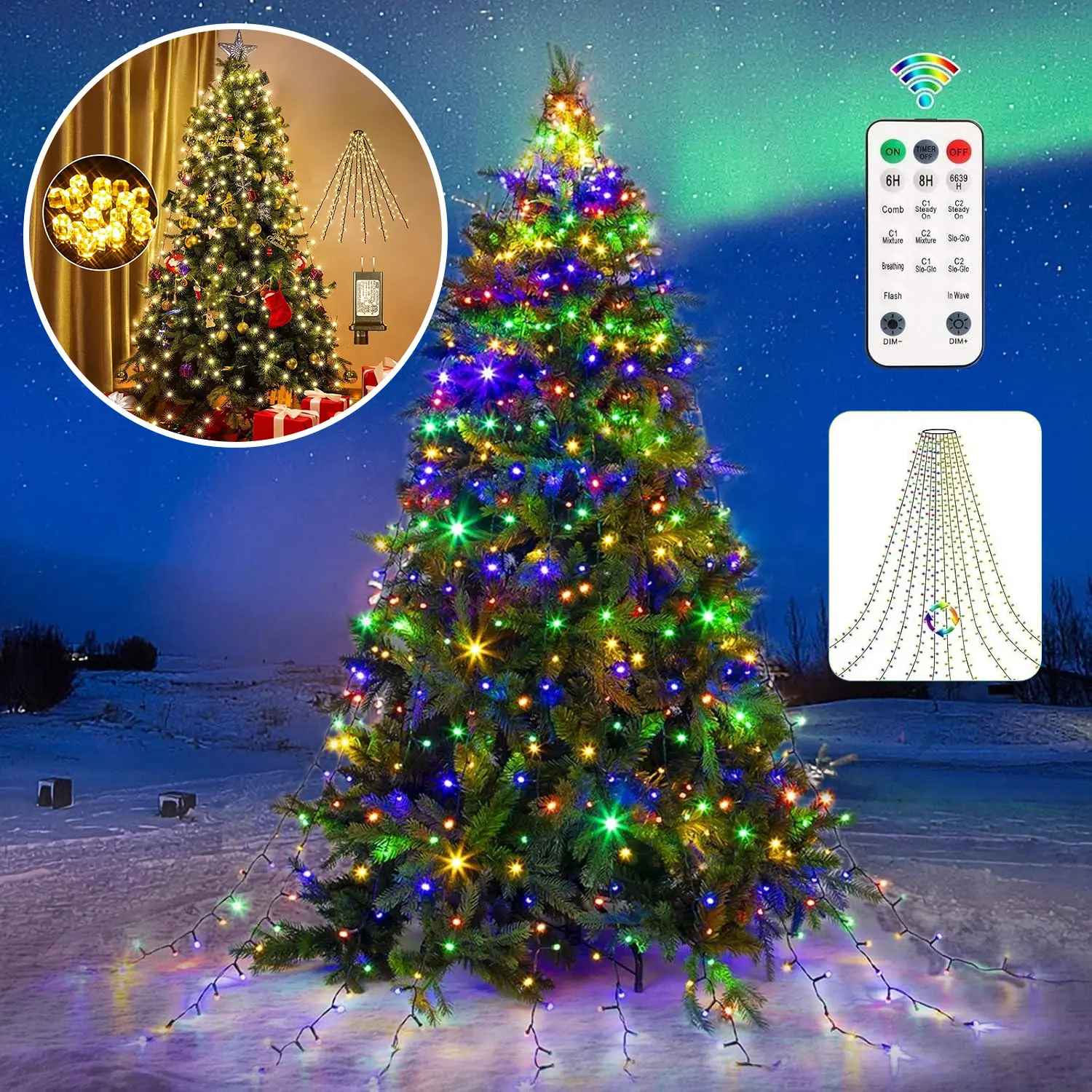Quntis Warm Toned Corded Dimmable LED Holiday Christmas Lights, 6.6FT Waterproof String with Ring, 400 LEDs, Multicolor(6.6ft/11 modes), 11 Flash Modes, 4 Brightness Levels, Quick-Install Hanging Decoration for Indoor Outdoor Home Decor, Waterproof Led St