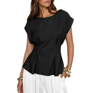 Cicy Bell Womens Peplum Tops Summer Babydoll Cap Sleeve T-Shirts Dressy Casual Crew Neck Pleated Blouses