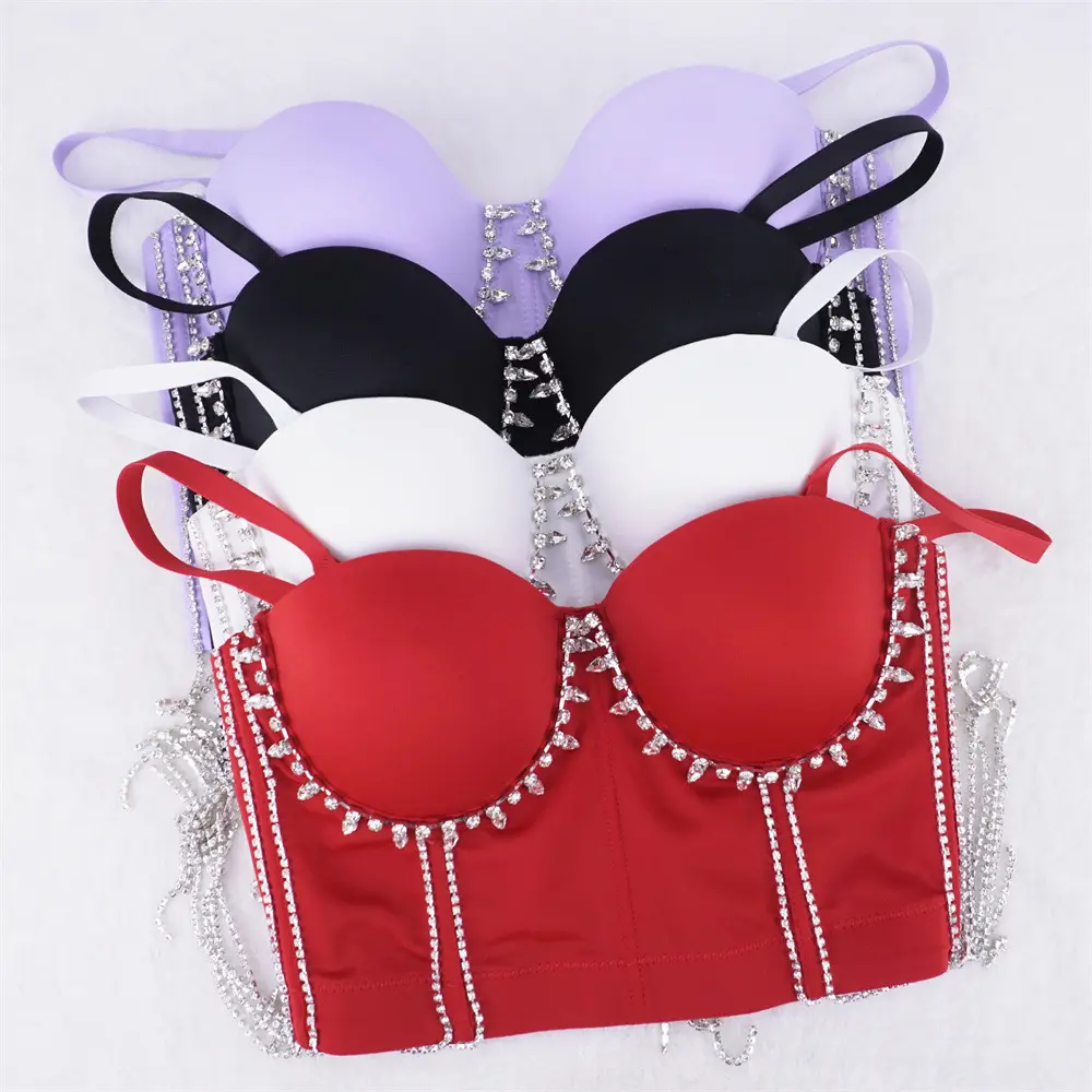 Tank Tube Halter Tops Short Handmade Rhinestone Tassel Glisten Corset Bra Blusas Spring Summer Outfits Weighted Vests Woman Inner Clothing Sling Wedding Hot Party Fishbone Elevated Going Out Tops Blind Date Stage Party Shaper Ladies Crop Halter Tube Top