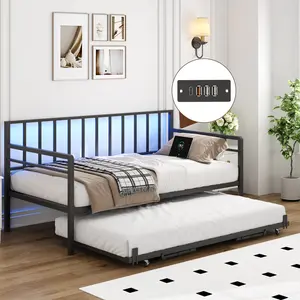 Black Twin Metal Daybed Frame with RGB LED Lights, Charging Station, Height Adjustability, Trundle - Built-In, Self-Assembling Metal Bed Frame for Bedroom, Living Room WL, Metal Bed Frames, Built-In Bed Frames