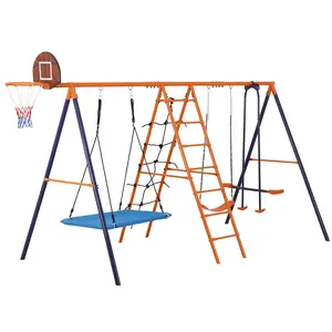 SUPERDEAL 6 in 1 Multifunctional Swing Set Steel Frame for Background with Seesaw, Basketball Rim, Climbing Ladder/Net