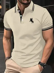 Men's Fashion Polo Shirt, Fitted, Casual Sports Style, Knight Riding Print Design, Essential Men's Clothing for Everyday Wear, Menswear, Tops