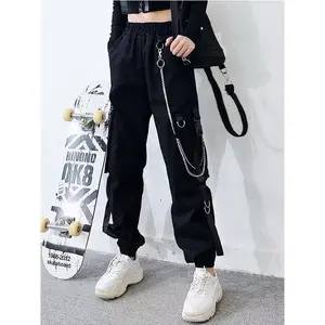 Black Cargo Pants for Women Techwear Women Loose Street Rock Style Casual Black Pants with Chain Goth Pants Womenswear Bottom