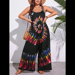 【Plus Size】 Tie Dye Print Cami Jumpsuit, Bohemian Spaghetti Strap Sleeveless Wide Leg Jumpsuit for Summer, Boho Women's Clothing for Daily Wear, Womenswear, Bohemian Overalls, Loose Jumpsuit, Casual Fashion Overalls Blue Navy