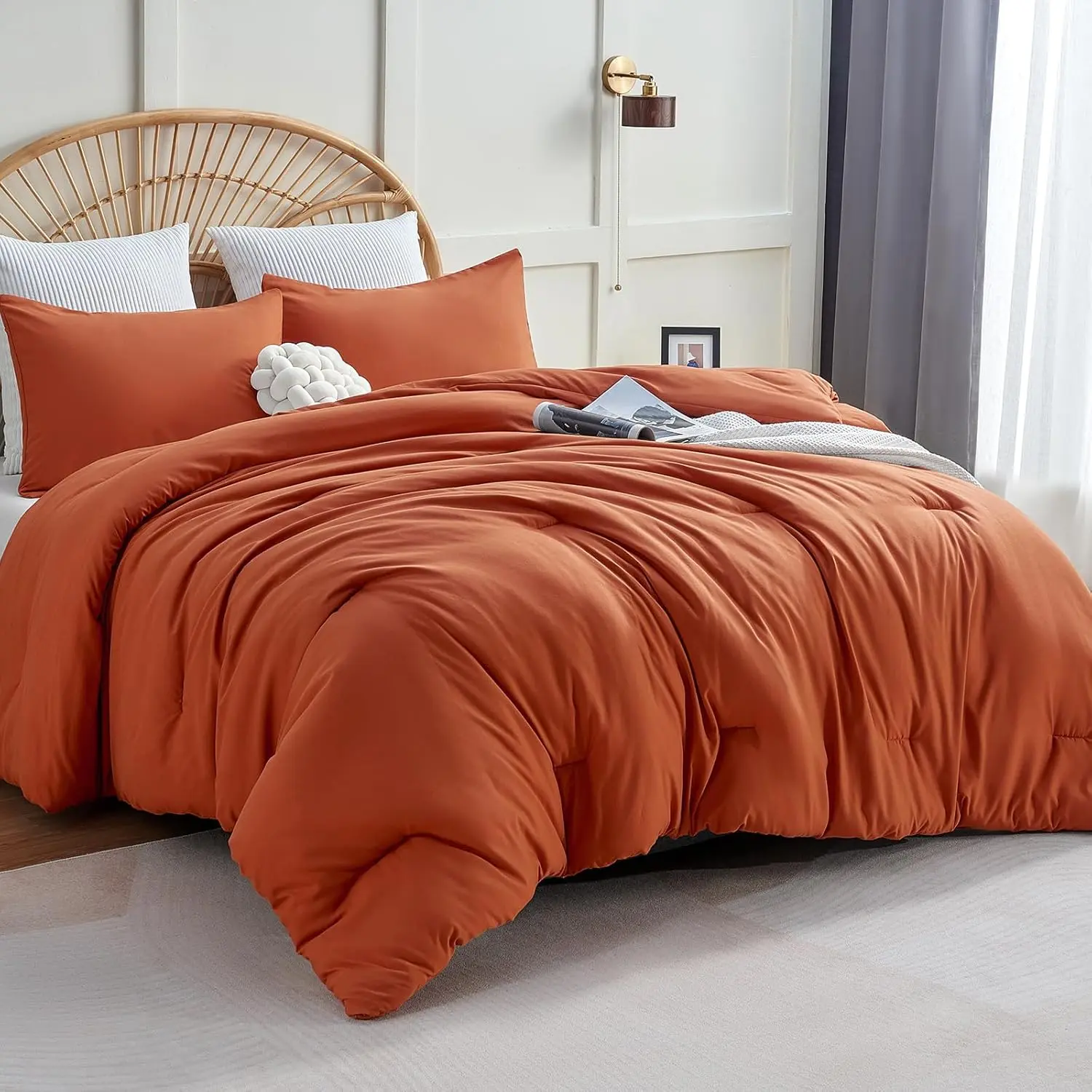 Burnt Orange Solid California King 3-Piece Boho Bedding Comforter Set - Terracotta Microfiber Quilt Set with 1 Comforter, 2 Pillowcases, Double Size Compatibility, 4 Corner Ties, Corner Tie Locks, Hidden Stitch, Machine Washable, Bedding Set